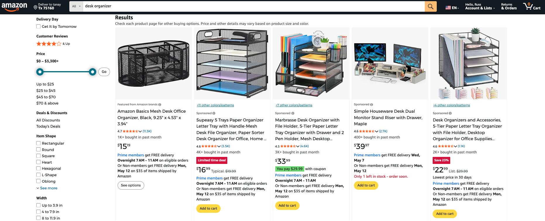 Amazon search results for "Desk organizer" 