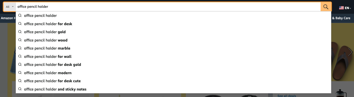Amazon search bar suggestions (auto complete) for office pencil holder.