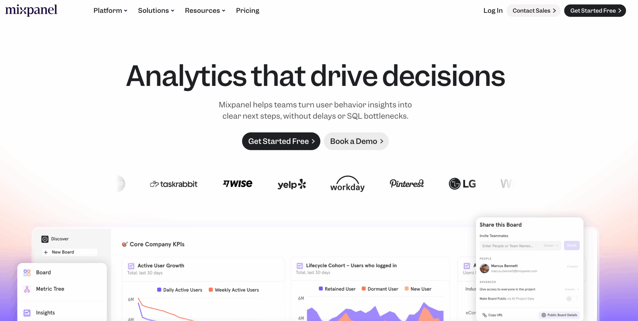 A screenshot of Mix Panel's homepage.